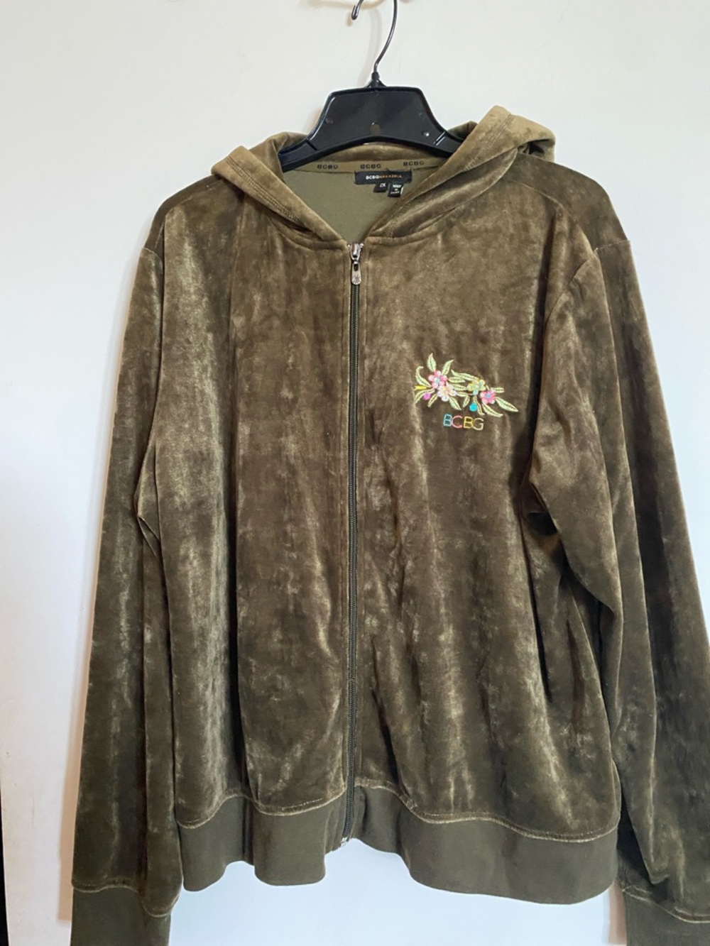 BCBG Olive Green Velour Zip Hoodie with pants with Floral Embroidery